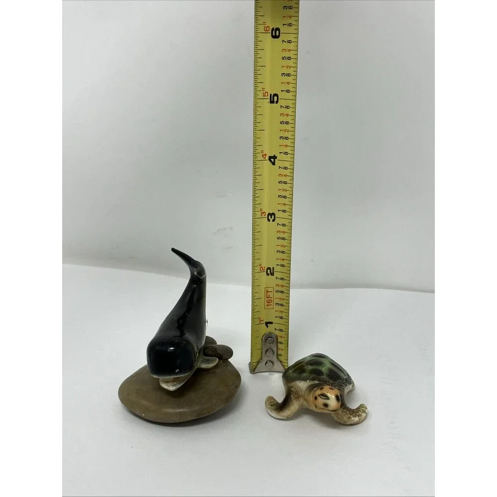 Vintage Ceramic Animal Figurine Lot Of 2 Miniature Whale On Stone & Sea Turtle